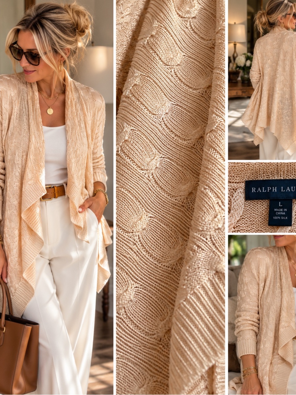 Ralph Lauren Soft 100% Silk Champagne Draped Open-Front Knit Cardigan